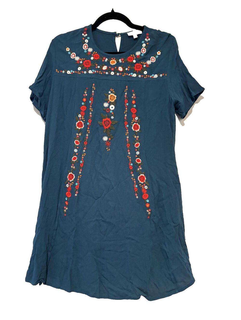 Umgee sz S green/blue cotton blend boho floral embroidered shirt mini dress E